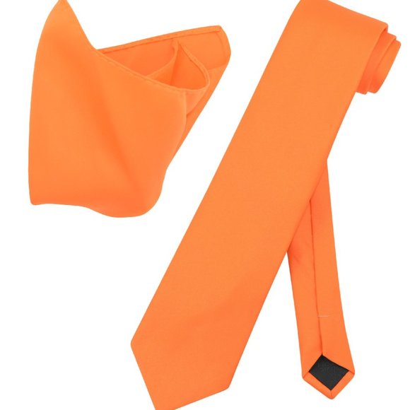 UMO LORENZO 2PC Orange Solid Necktie And Matching Hanky Set - Picture 1 of 9